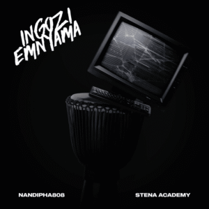 Portada del álbum Ingozi Emnyama de Nandipha808 con tambor africano y monitor roto en fondo negro.