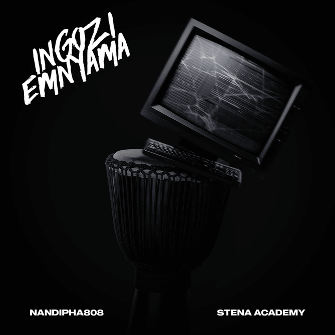 Portada del álbum Ingozi Emnyama de Nandipha808 con tambor africano y monitor roto en fondo negro.
